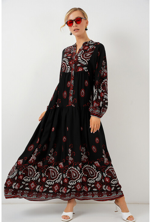 2423 Otantik Desenli Tesettür Elbise