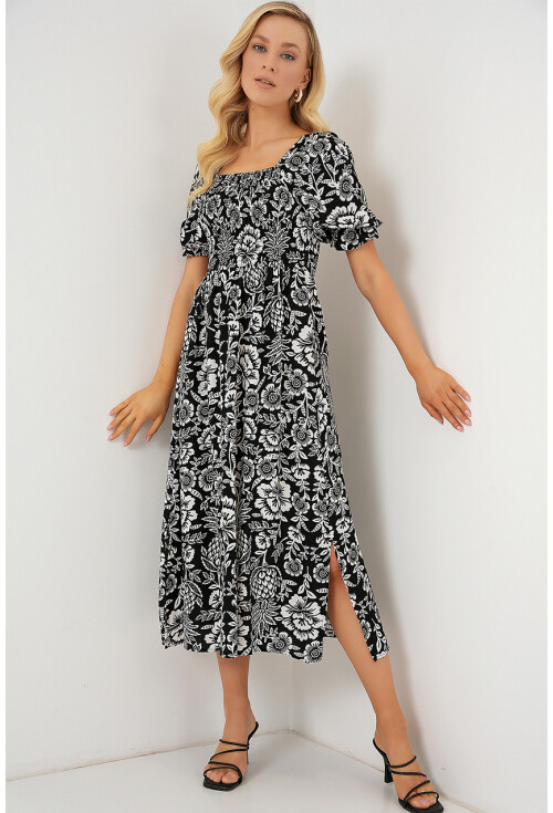 2512 Desenli Yırtmaçlı Elbise