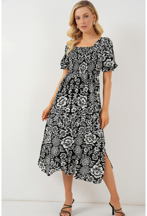 2512 Desenli Yırtmaçlı Elbise