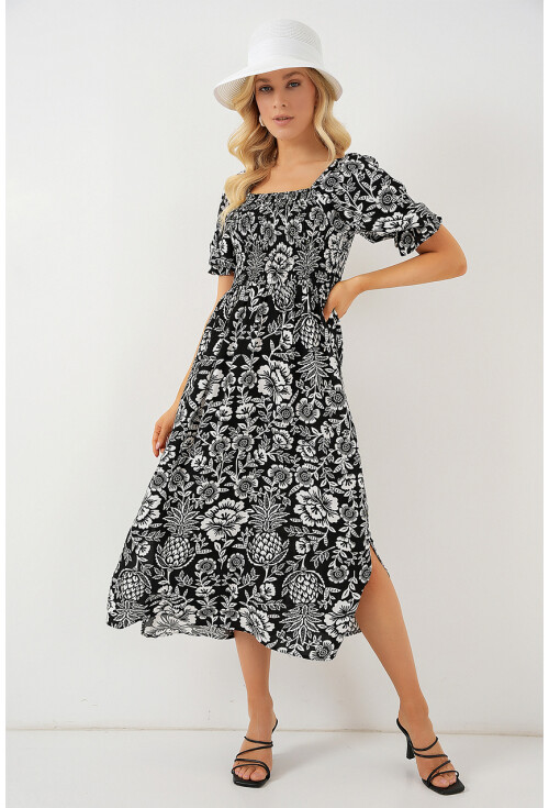 2512 Desenli Yırtmaçlı Elbise