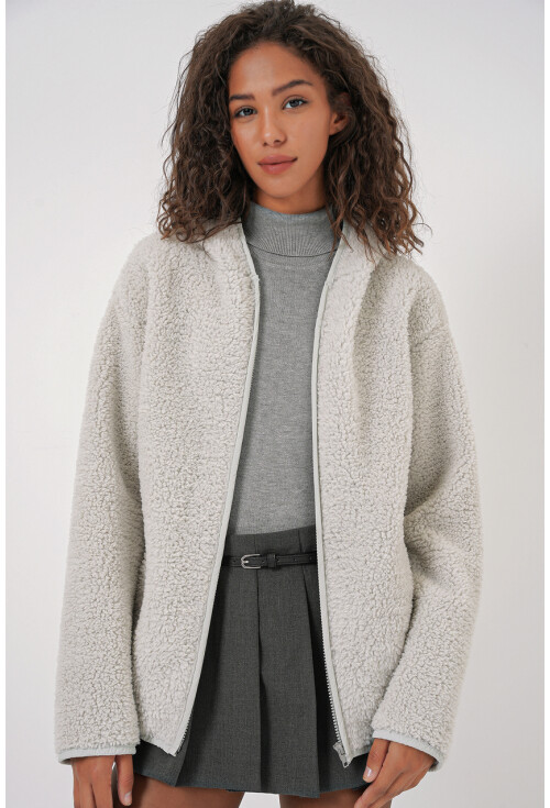 55456 Kadın Kapüşonlu Oversize Peluş Ceket