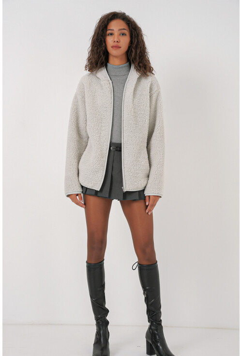55456 Kadın Kapüşonlu Oversize Peluş Ceket