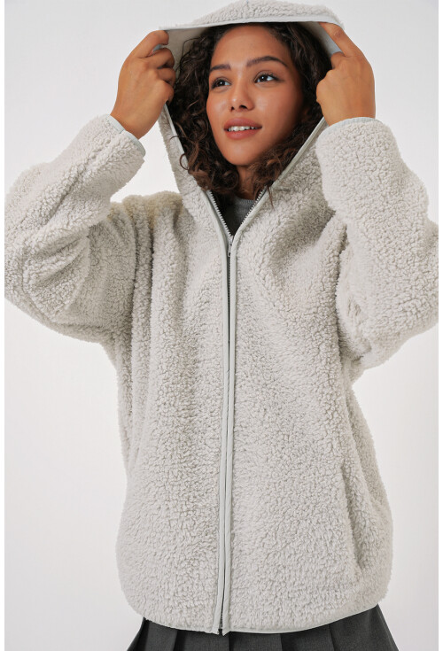 55456 Kadın Kapüşonlu Oversize Peluş Ceket