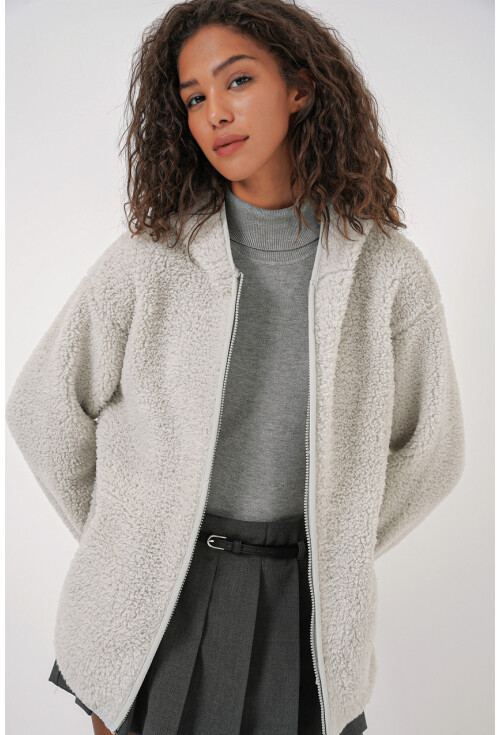 55456 Kadın Kapüşonlu Oversize Peluş Ceket