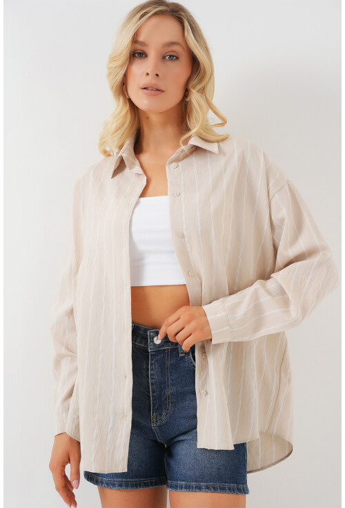 Kadın Çizgili Oversize Gömlek 20293