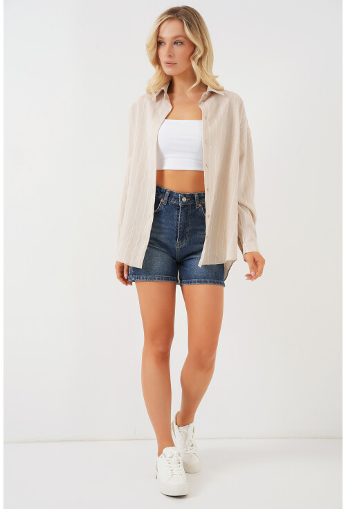 Kadın Çizgili Oversize Gömlek 20293