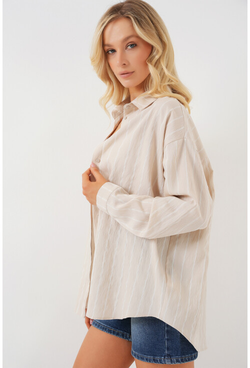 Kadın Çizgili Oversize Gömlek 20293