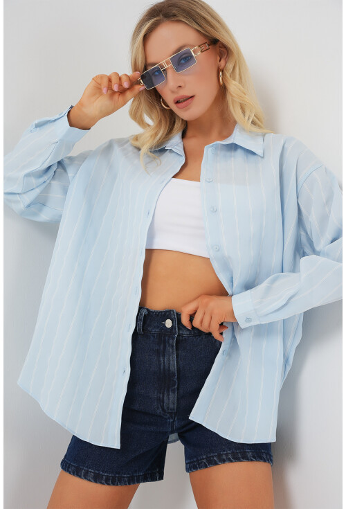 Kadın Çizgili Oversize Gömlek 20293