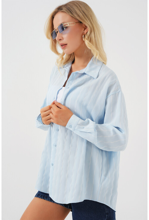 Kadın Çizgili Oversize Gömlek 20293