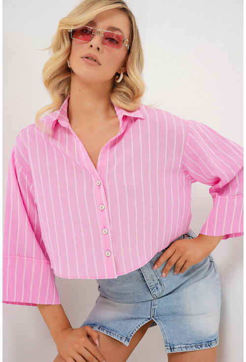 Kadın Çizgili Oversize Kısa Gömlek 20326