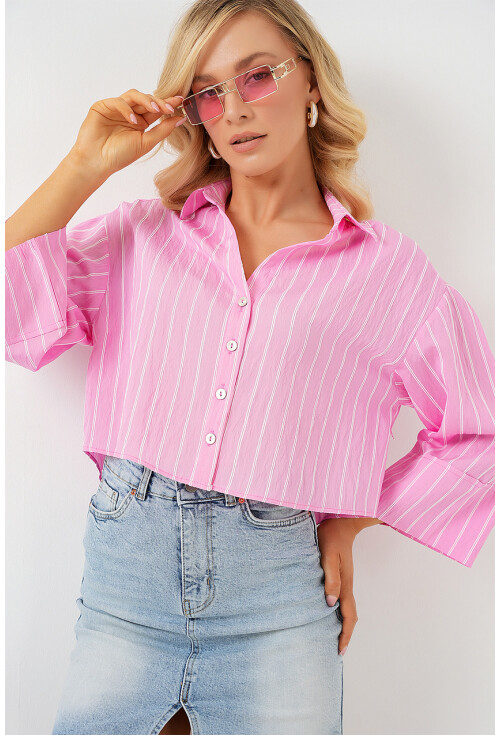 Kadın Çizgili Oversize Kısa Gömlek 20326