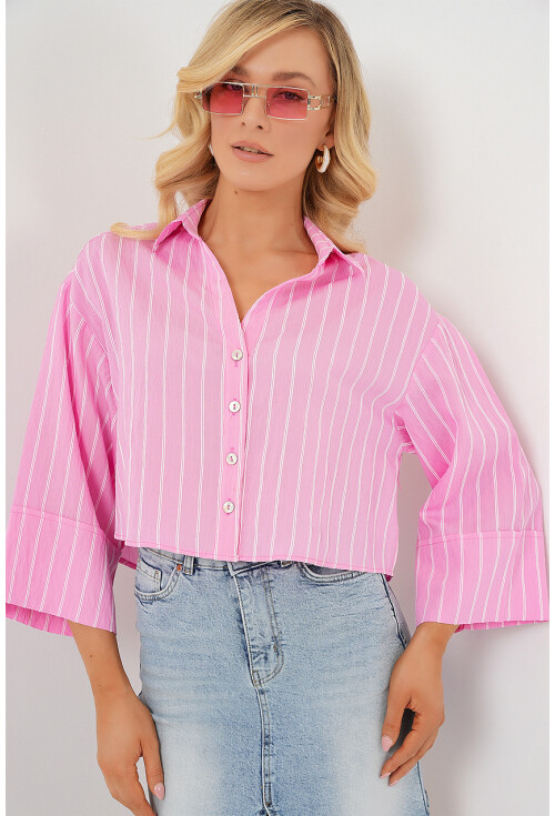 Kadın Çizgili Oversize Kısa Gömlek 20326