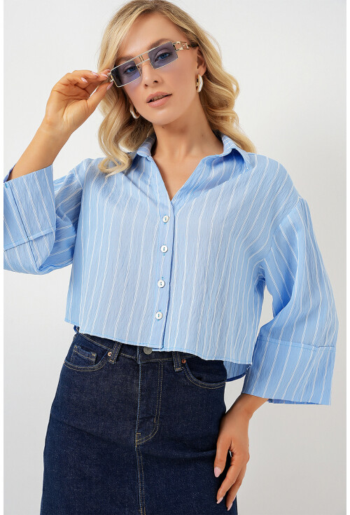 Kadın Çizgili Oversize Kısa Gömlek 20326