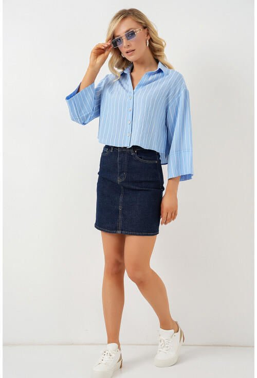 Kadın Çizgili Oversize Kısa Gömlek 20326