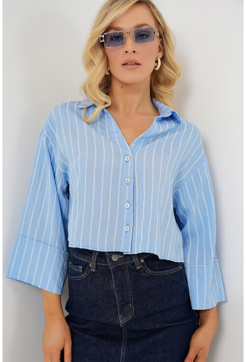 Kadın Çizgili Oversize Kısa Gömlek 20326