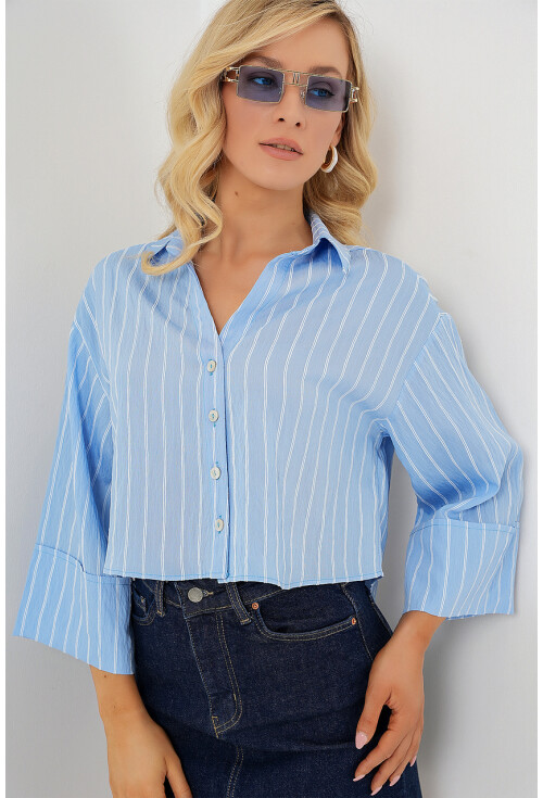 Kadın Çizgili Oversize Kısa Gömlek 20326