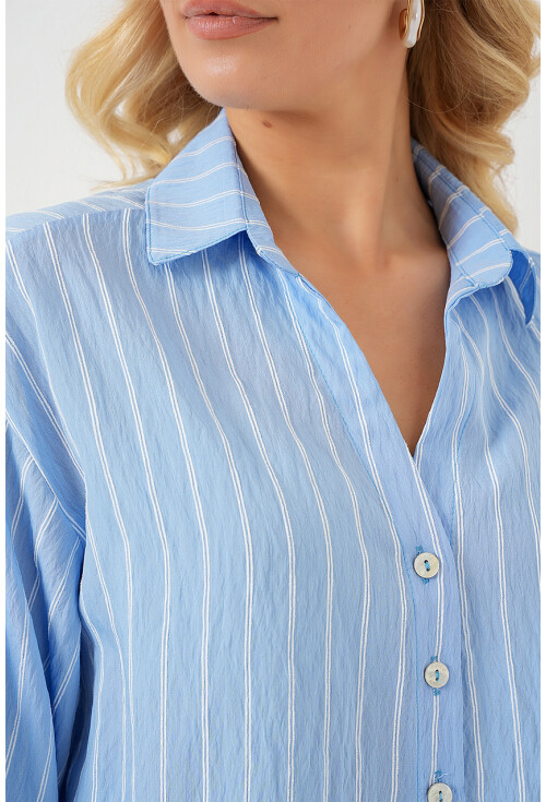 Kadın Çizgili Oversize Kısa Gömlek 20326