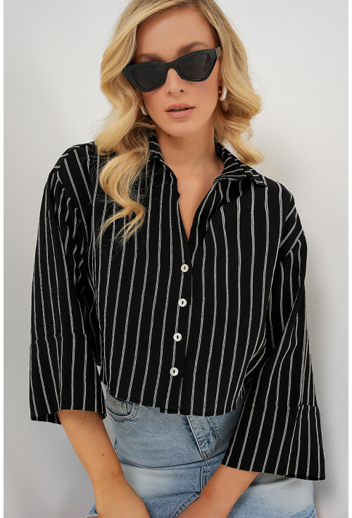 Kadın Çizgili Oversize Kısa Gömlek 20326