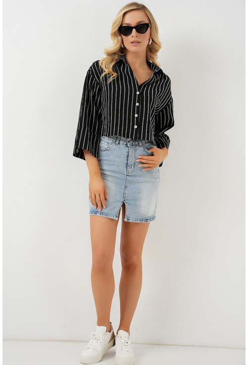 Kadın Çizgili Oversize Kısa Gömlek 20326