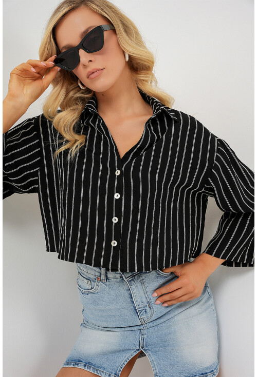 Kadın Çizgili Oversize Kısa Gömlek 20326