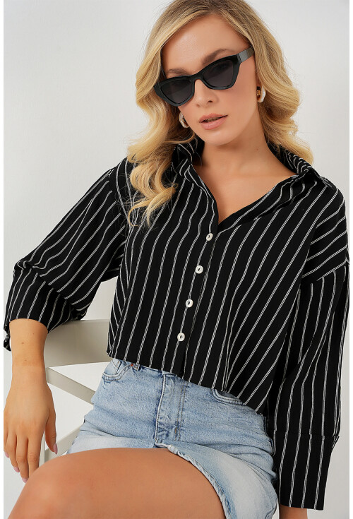 Kadın Çizgili Oversize Kısa Gömlek 20326
