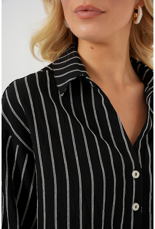 Kadın Çizgili Oversize Kısa Gömlek 20326