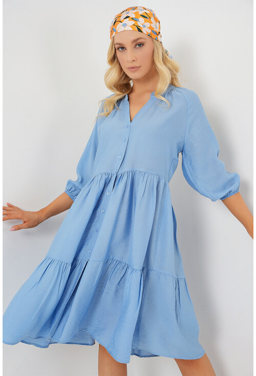 Kadın Düğmeli Kısa Kol Elbise 2559