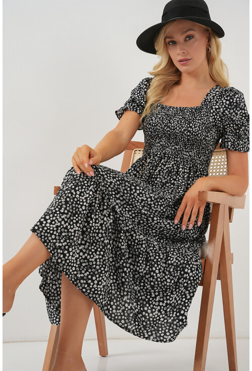 Kadın Kısa Kol Çiçekli Elbise 2556