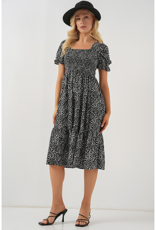 Kadın Kısa Kol Çiçekli Elbise 2556