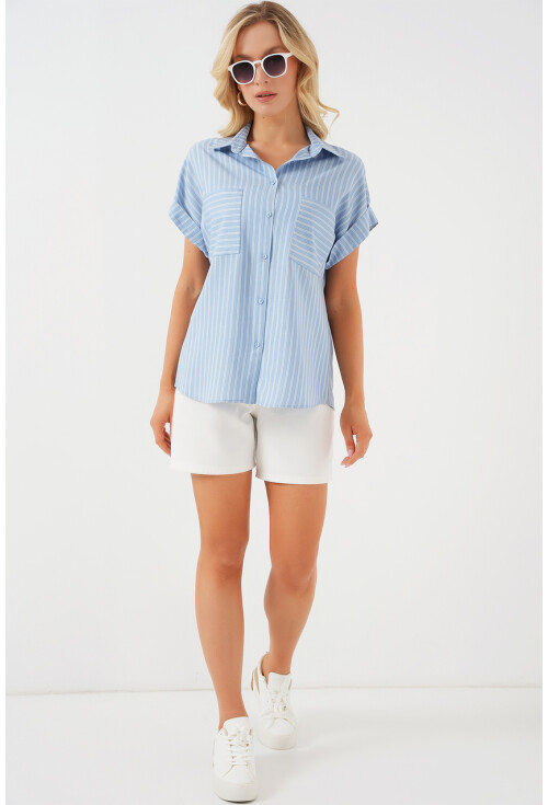 Kadın Kısa Kol Çizgili Oversize Gömlek 20303
