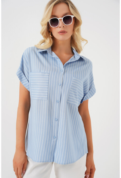 Kadın Kısa Kol Çizgili Oversize Gömlek 20303