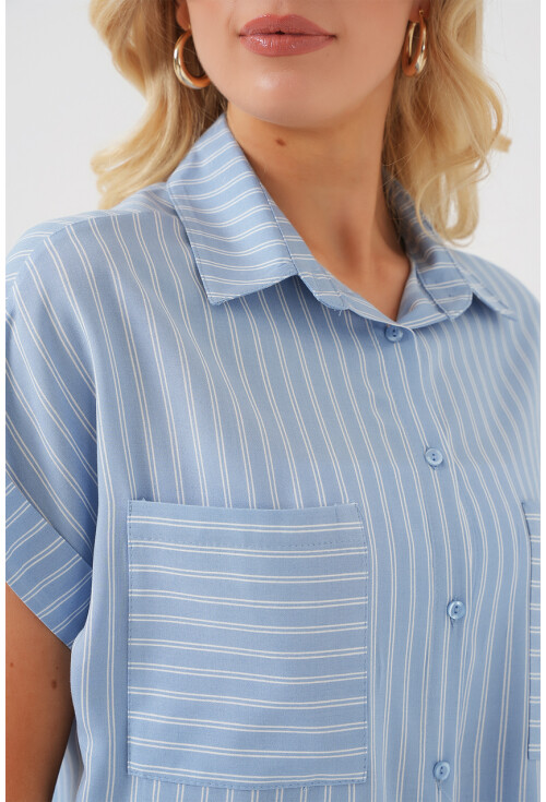 Kadın Kısa Kol Çizgili Oversize Gömlek 20303