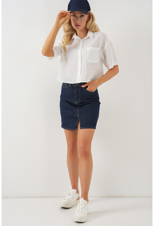 Kadın Kısa Kol Crop Gömlek 20341