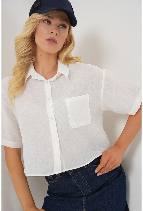 Kadın Kısa Kol Crop Gömlek 20341
