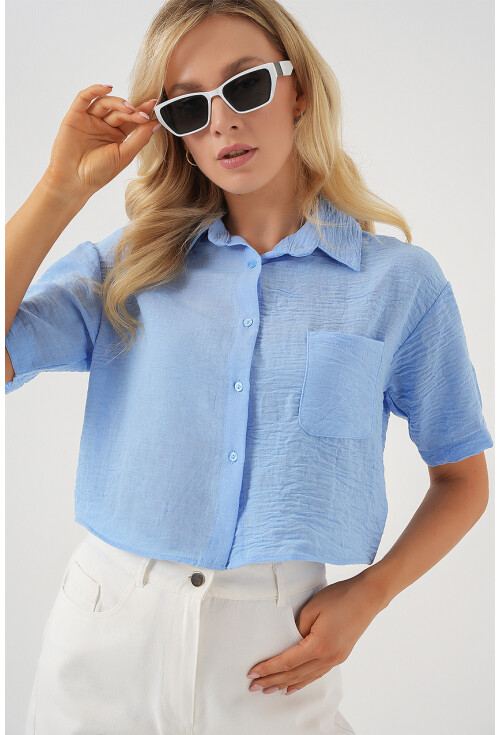 Kadın Kısa Kol Crop Gömlek 20341