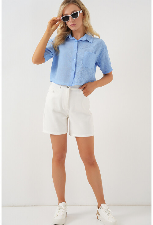 Kadın Kısa Kol Crop Gömlek 20341