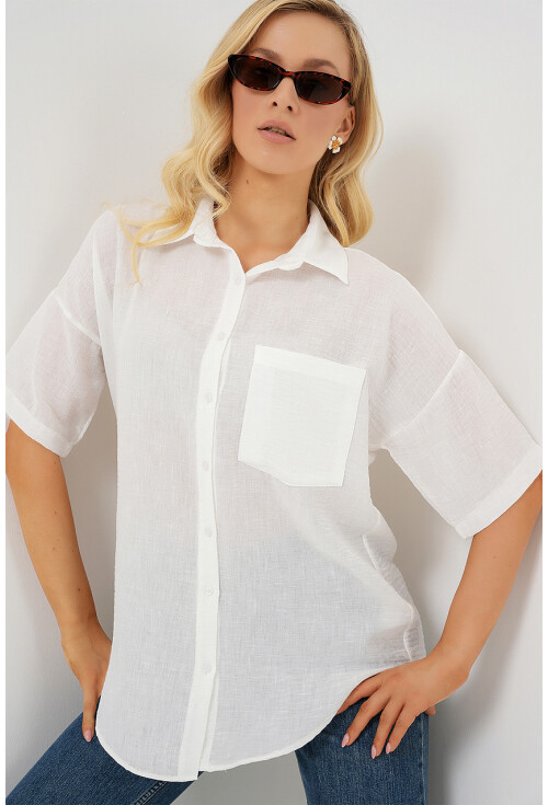 Kadın Kısa Kol Keten Görünümlü Gömlek 20336