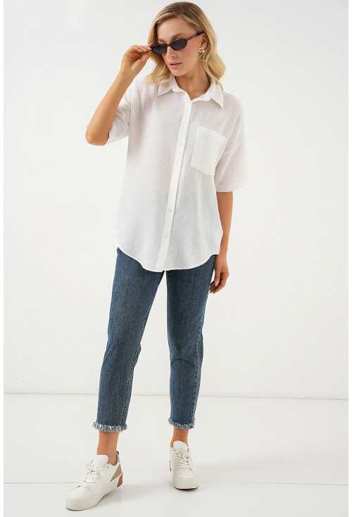 Kadın Kısa Kol Keten Görünümlü Gömlek 20336