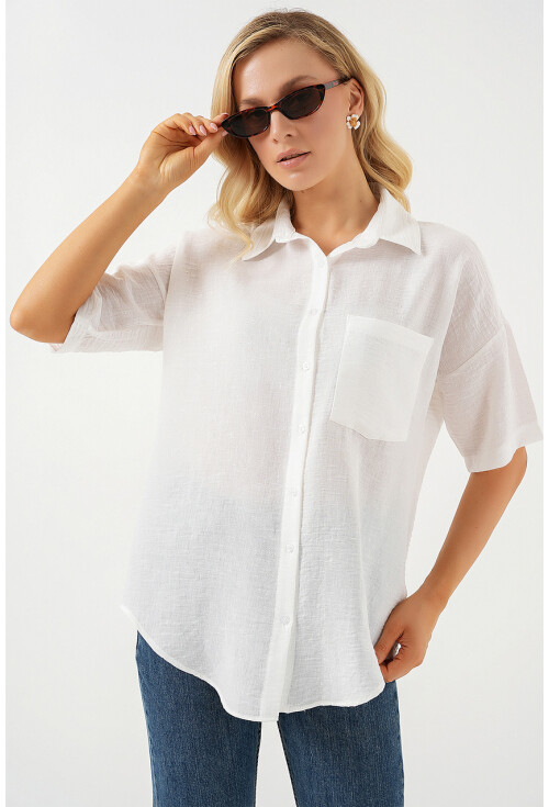 Kadın Kısa Kol Keten Görünümlü Gömlek 20336