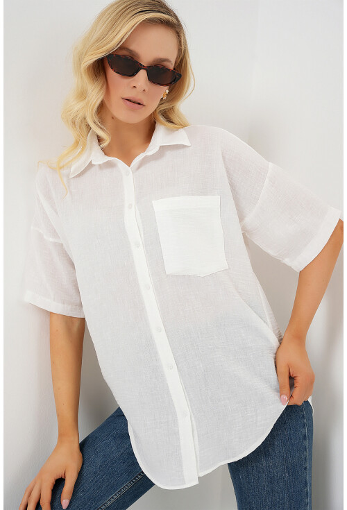 Kadın Kısa Kol Keten Görünümlü Gömlek 20336