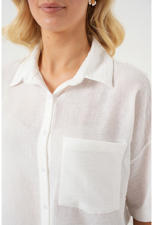 Kadın Kısa Kol Keten Görünümlü Gömlek 20336