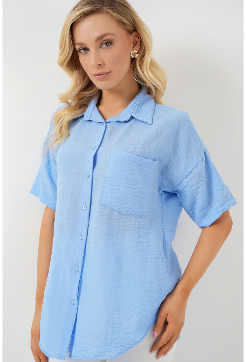 Kadın Kısa Kol Keten Görünümlü Gömlek 20336