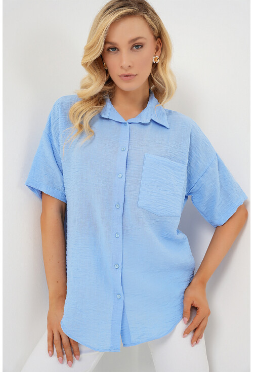 Kadın Kısa Kol Keten Görünümlü Gömlek 20336