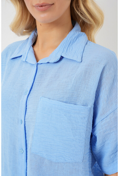 Kadın Kısa Kol Keten Görünümlü Gömlek 20336
