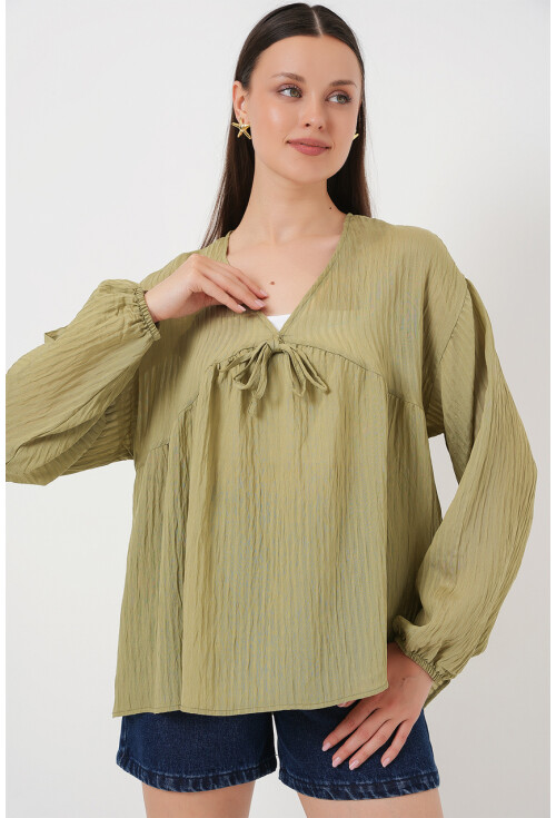 Kadın Önü Bağcıklı Uzun Kol Bluz 946