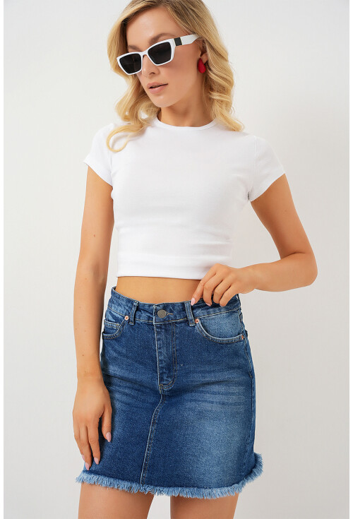 Kadın Püsküllü Mini Kot Etek 8051