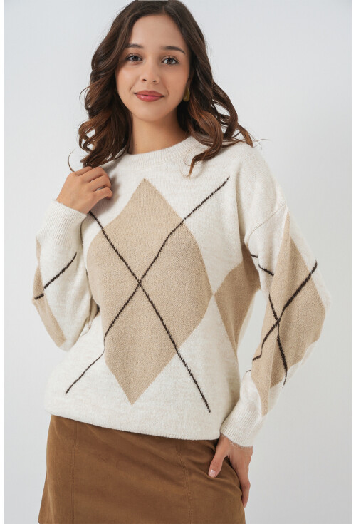 15895 Baklava Desenli Oversize Triko Kazak