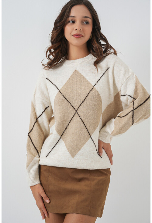 15895 Baklava Desenli Oversize Triko Kazak