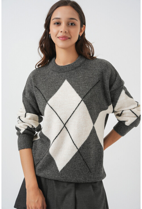 15895 Baklava Desenli Oversize Triko Kazak