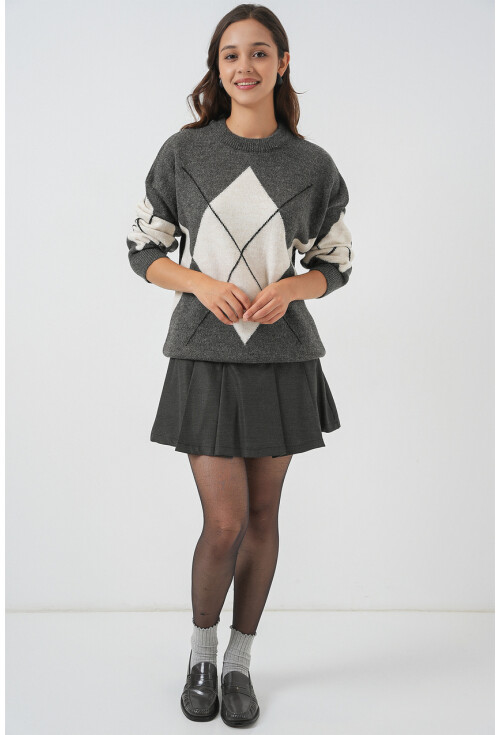 15895 Baklava Desenli Oversize Triko Kazak